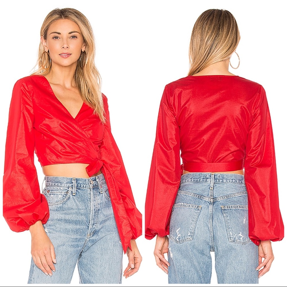 L’Academie Red Wrap Shirt Revolve Top